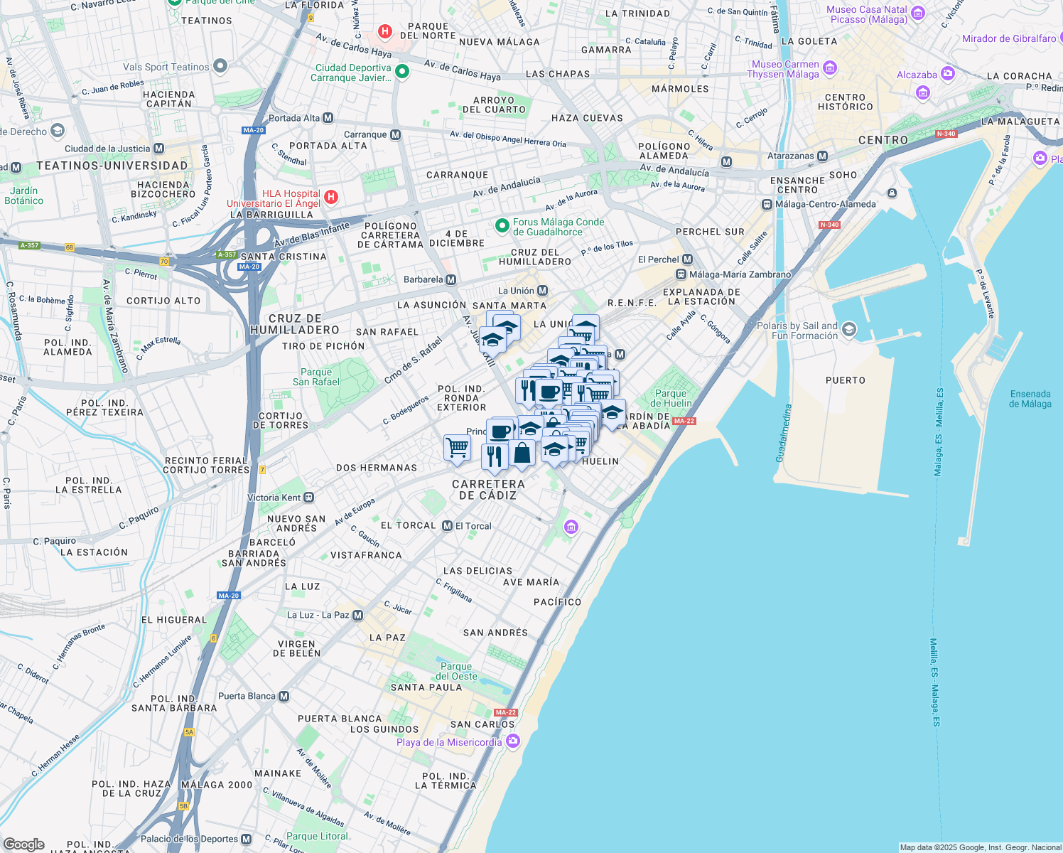 map of restaurants, bars, coffee shops, grocery stores, and more near 11 Paseo Marítimo in Torremolinos