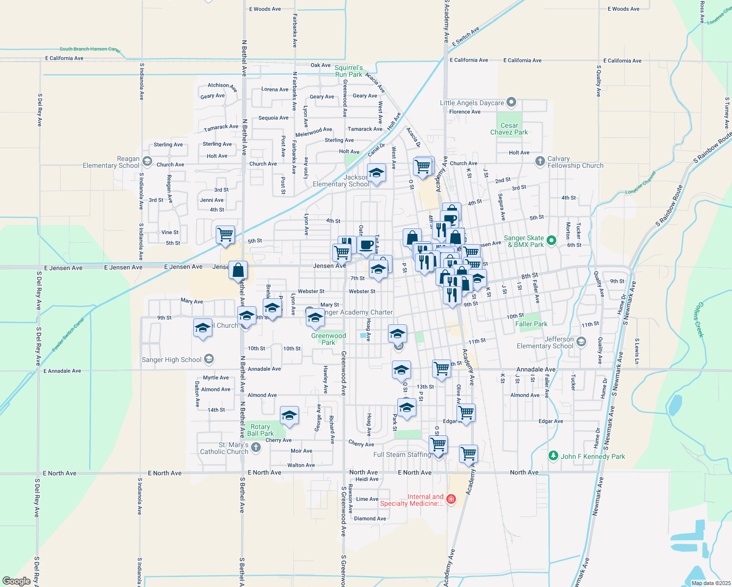map of restaurants, bars, coffee shops, grocery stores, and more near 801 Hoag Avenue in Sanger