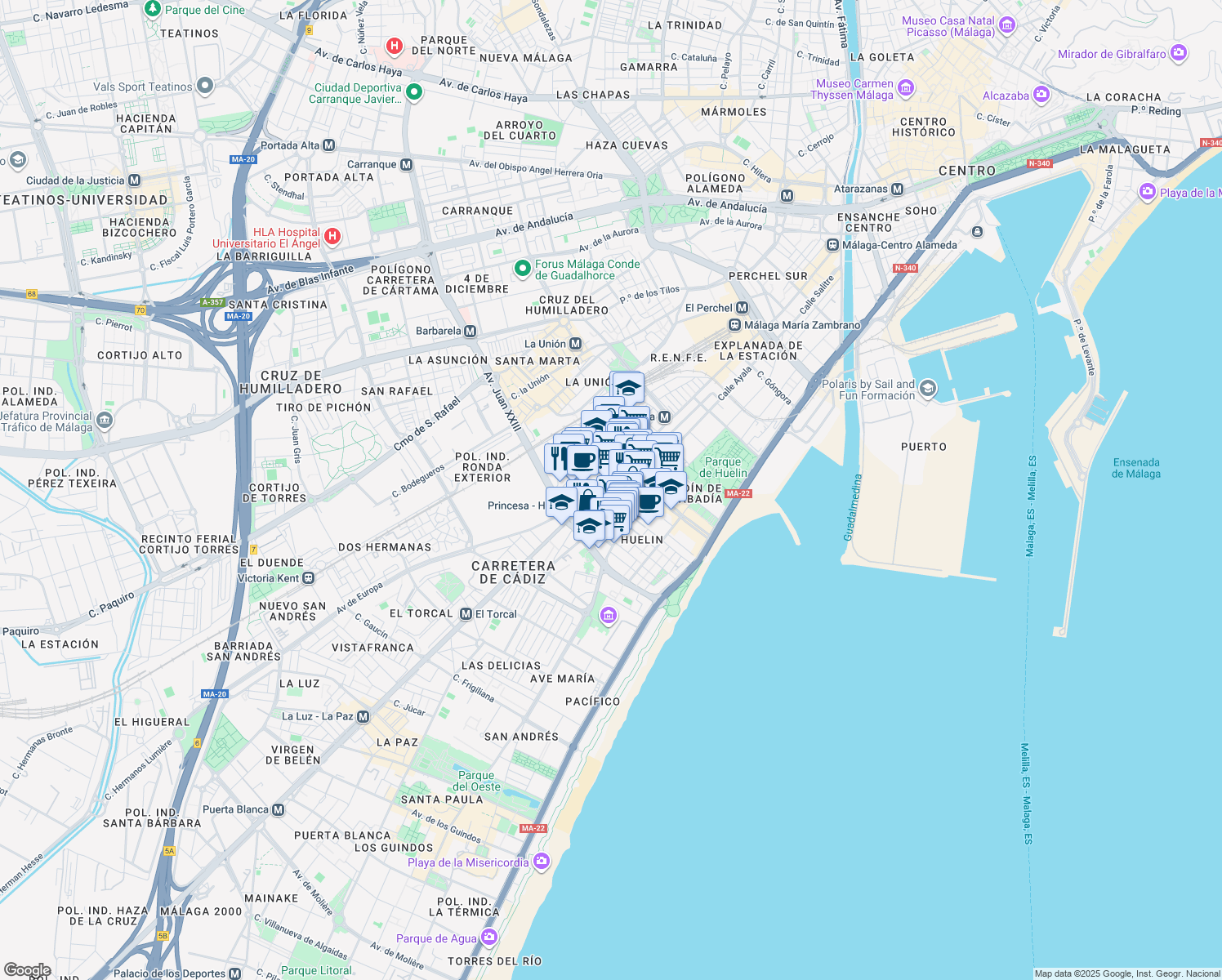 map of restaurants, bars, coffee shops, grocery stores, and more near 12 Calle la Caramba in Málaga