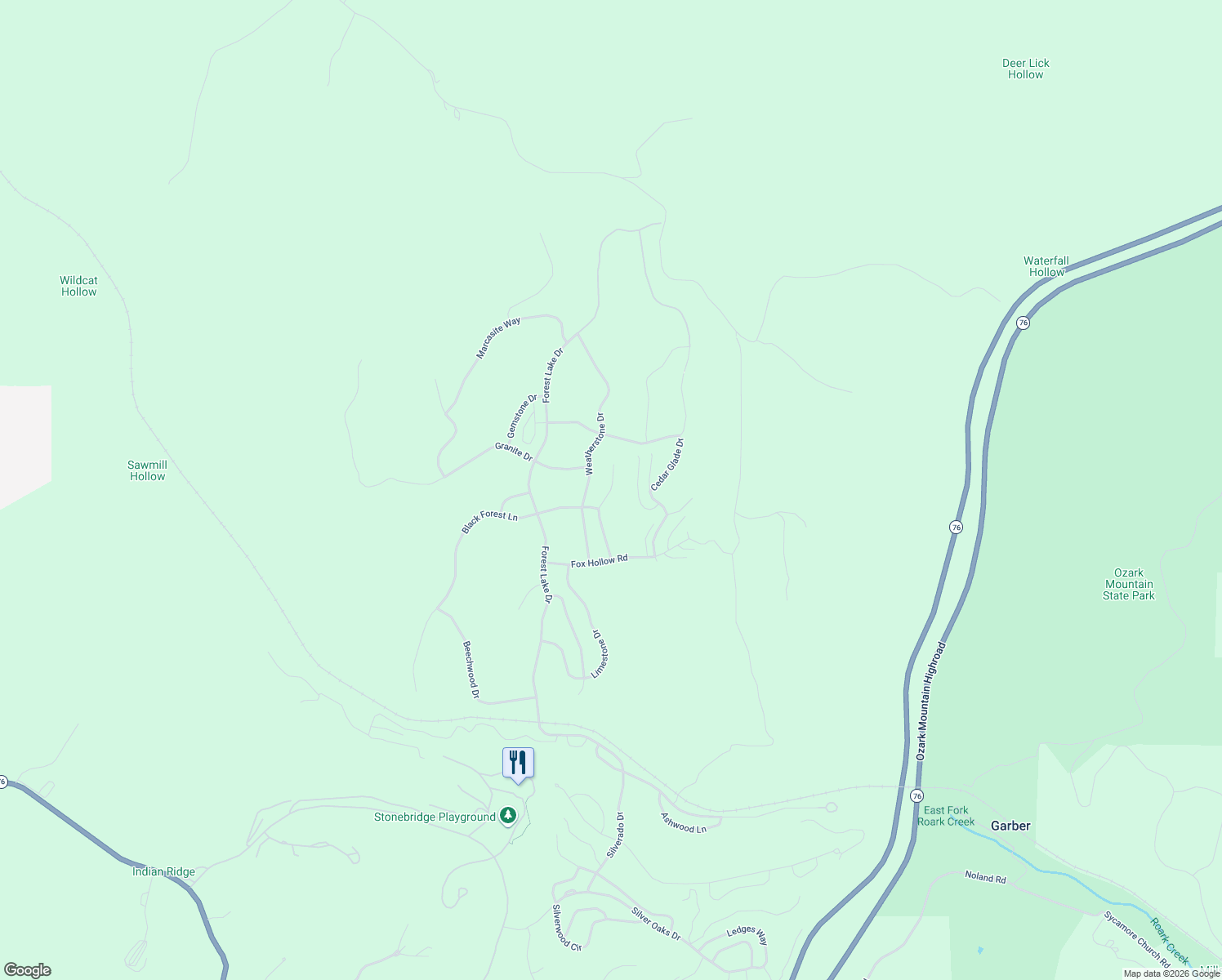 map of restaurants, bars, coffee shops, grocery stores, and more near Weatherstone Drive in Reeds Spring