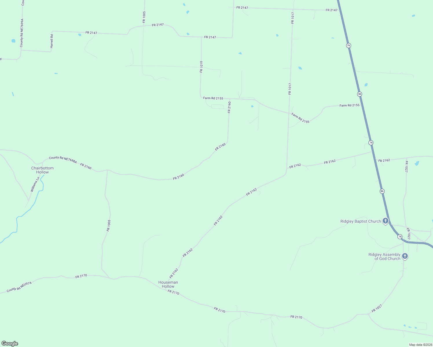 map of restaurants, bars, coffee shops, grocery stores, and more near Farm Road 2160 in Rocky Comfort
