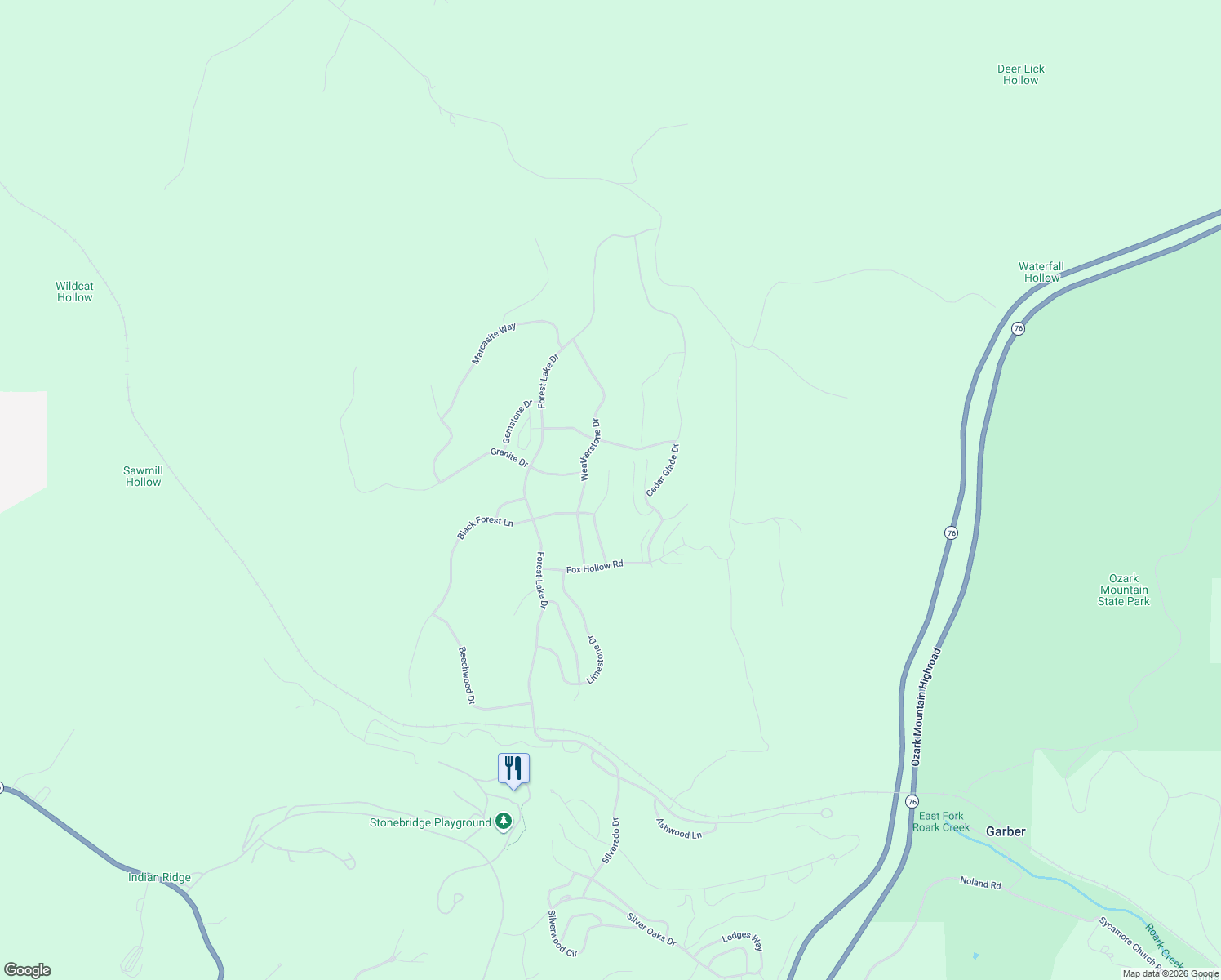 map of restaurants, bars, coffee shops, grocery stores, and more near Weatherstone Drive in Reeds Spring