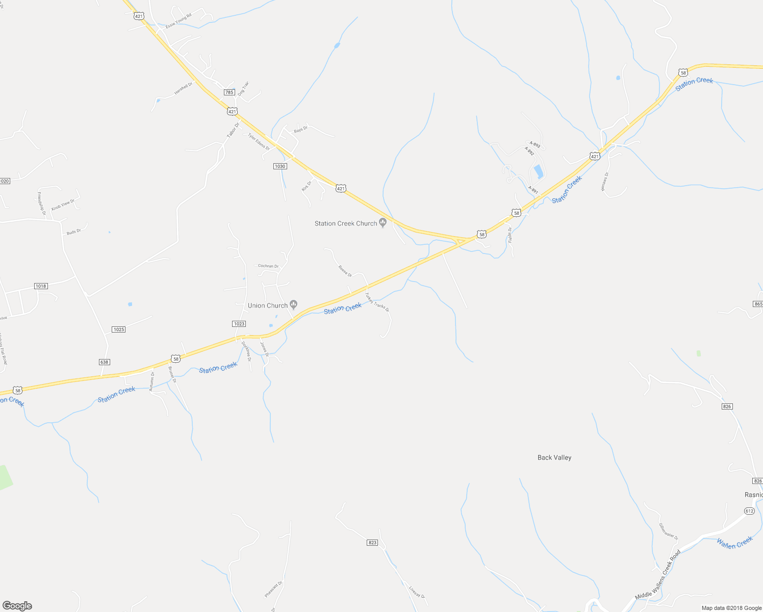 map of restaurants, bars, coffee shops, grocery stores, and more near Turkey Tracks Drive in Pennington Gap