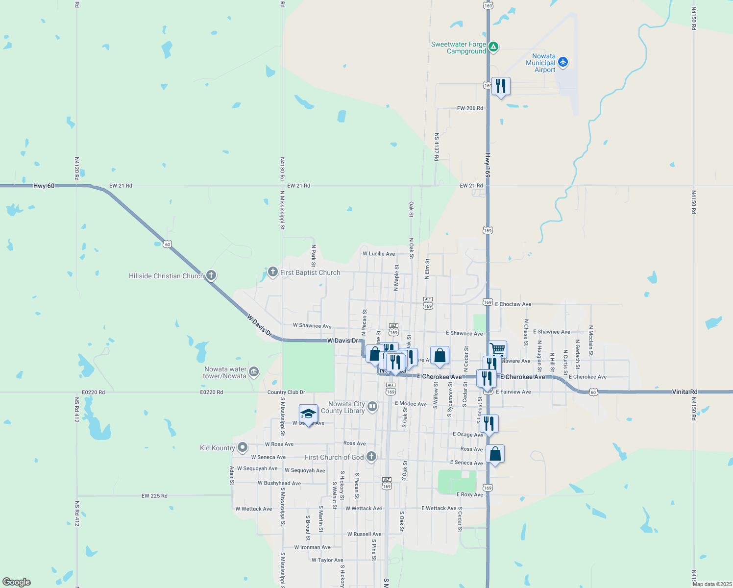 map of restaurants, bars, coffee shops, grocery stores, and more near 422 N Pecan St in Nowata