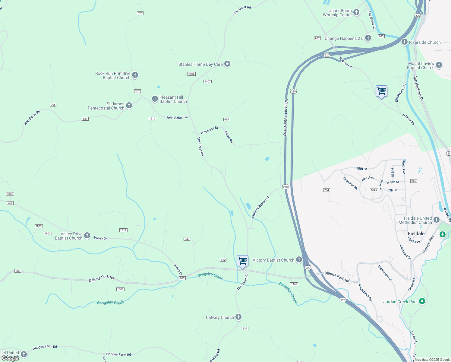 map of restaurants, bars, coffee shops, grocery stores, and more near 1700 The Great Road in Fieldale