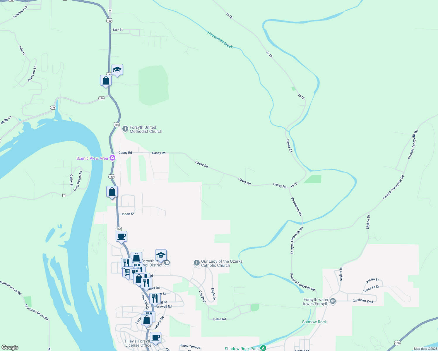 map of restaurants, bars, coffee shops, grocery stores, and more near 1018 Casey Road in Forsyth