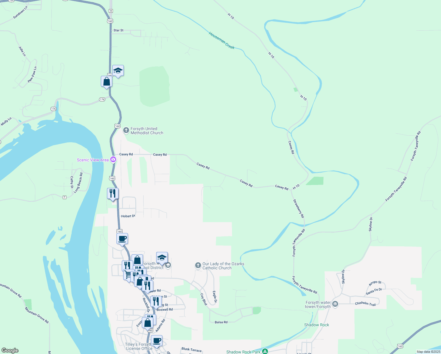 map of restaurants, bars, coffee shops, grocery stores, and more near 1018 Casey Road in Forsyth