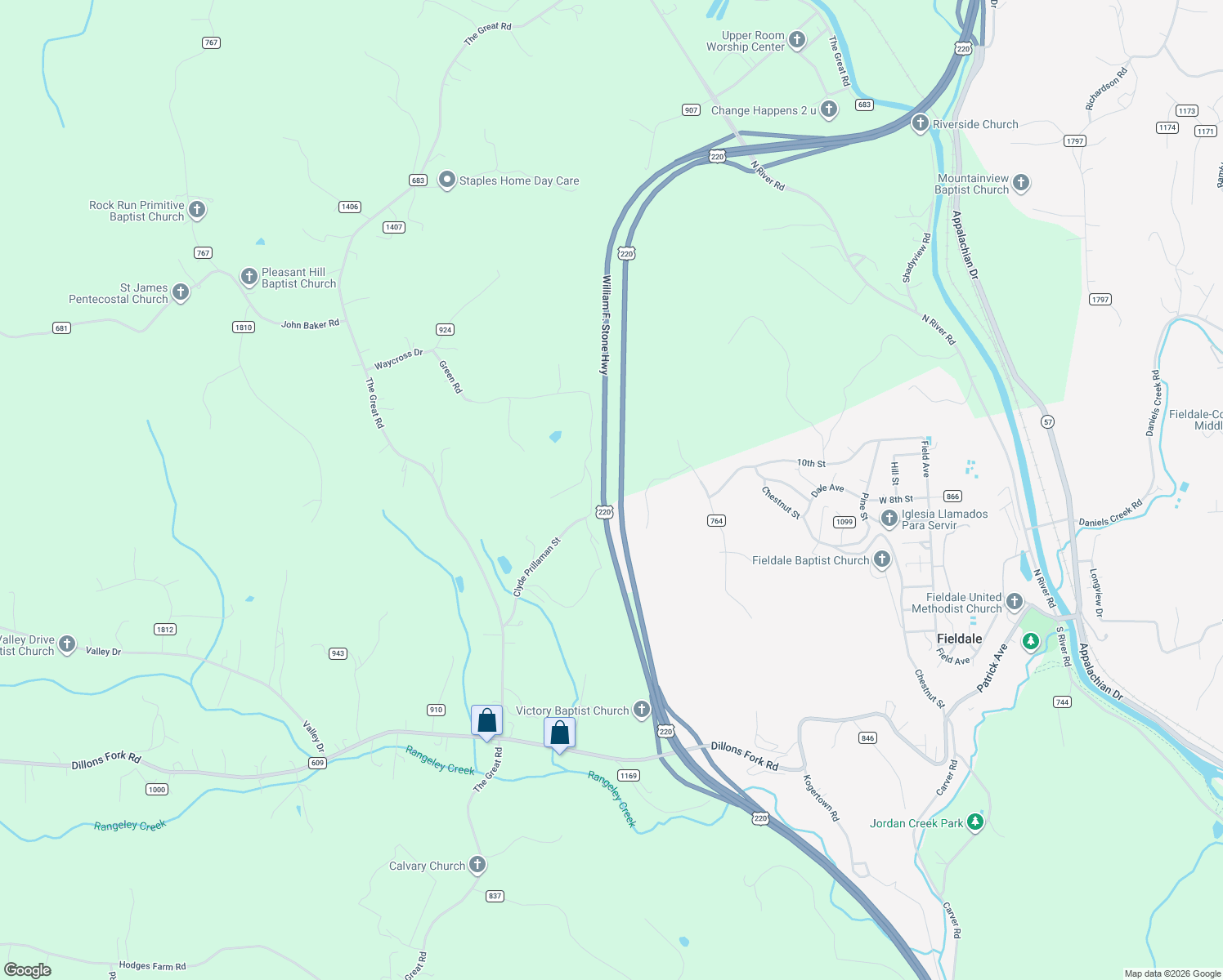 map of restaurants, bars, coffee shops, grocery stores, and more near William F Stone Highway in Fieldale