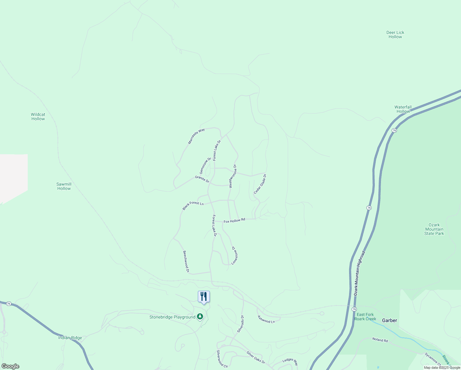 map of restaurants, bars, coffee shops, grocery stores, and more near 1 Granite Drive in Reeds Spring
