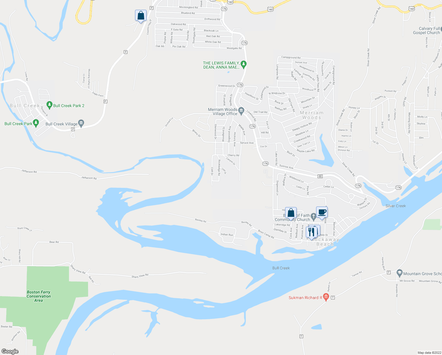 map of restaurants, bars, coffee shops, grocery stores, and more near 7007 Rockledge Road in Merriam Woods