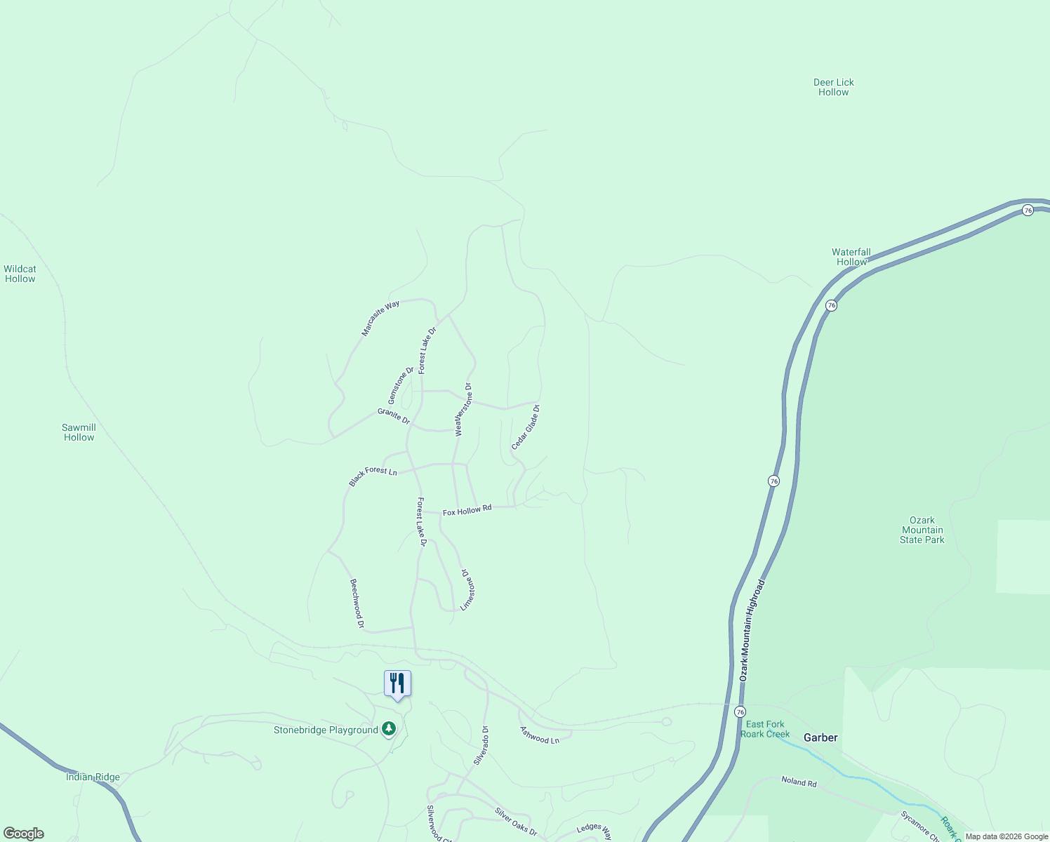 map of restaurants, bars, coffee shops, grocery stores, and more near 176 Poolside Way in Reeds Spring