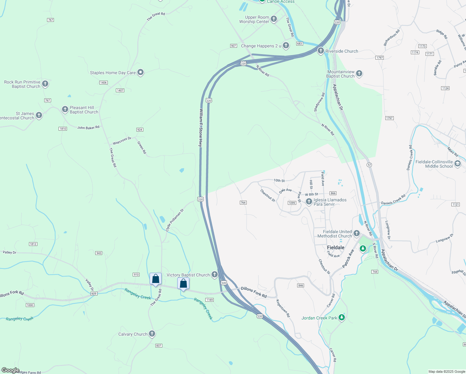 map of restaurants, bars, coffee shops, grocery stores, and more near 27 Frank Wilson Avenue in Fieldale