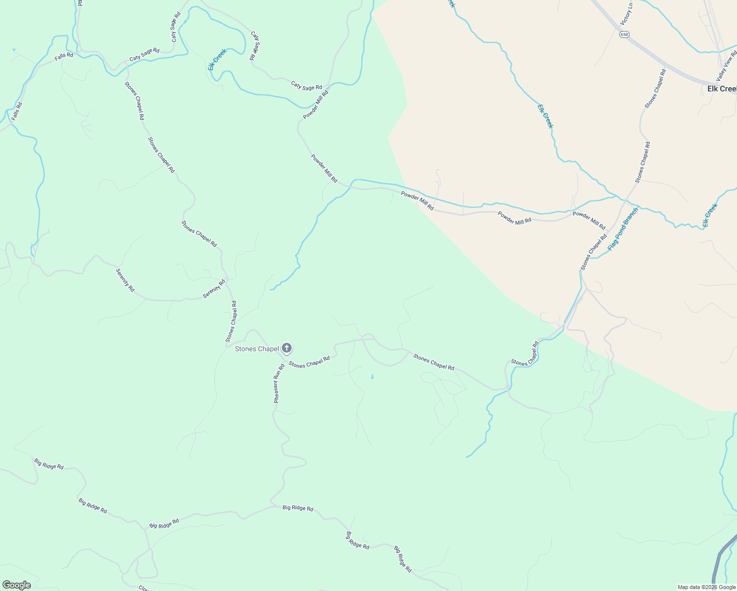 map of restaurants, bars, coffee shops, grocery stores, and more near 3668 Stones Chapel Road in Elk Creek
