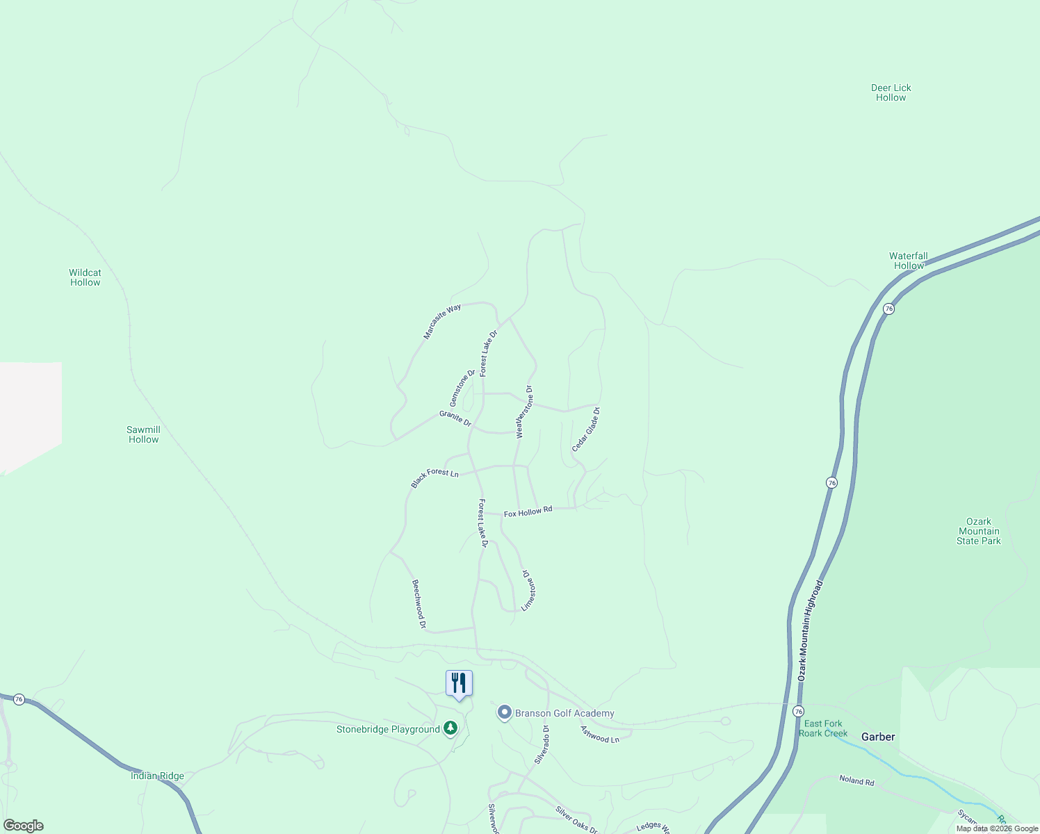 map of restaurants, bars, coffee shops, grocery stores, and more near Weatherstone Drive in Reeds Spring