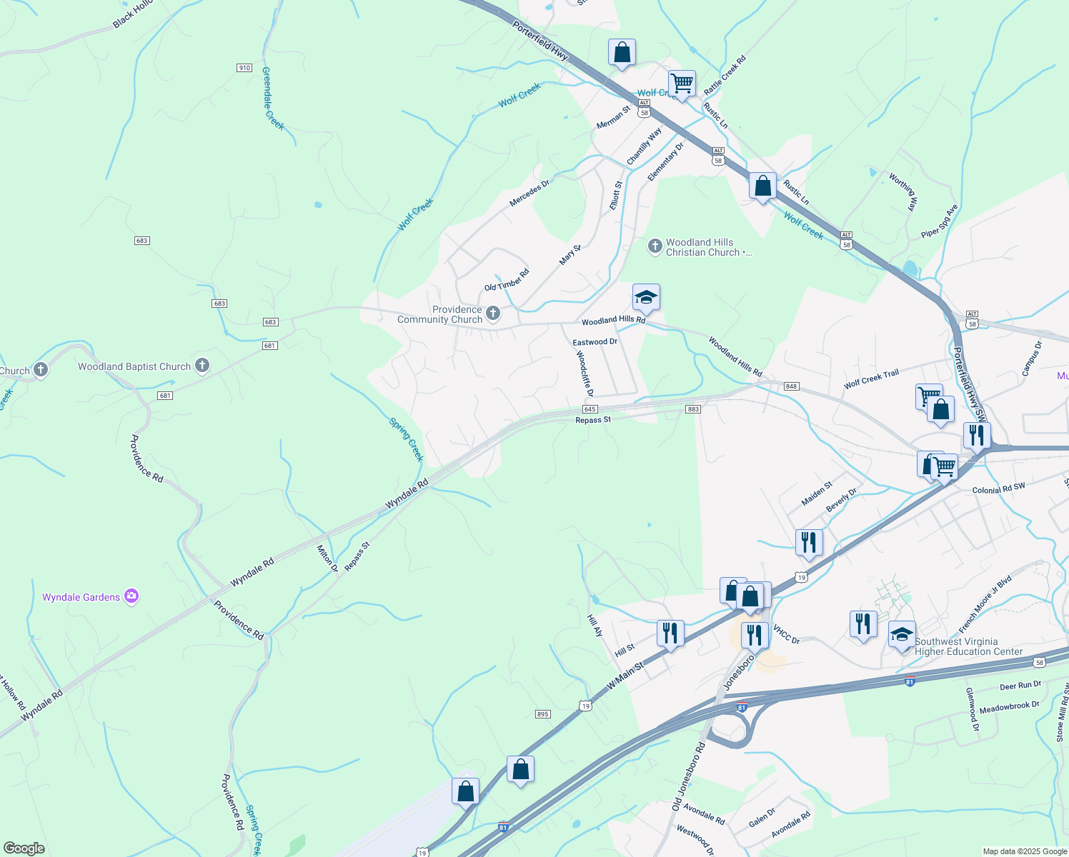 map of restaurants, bars, coffee shops, grocery stores, and more near 19280 Repass Street in Abingdon