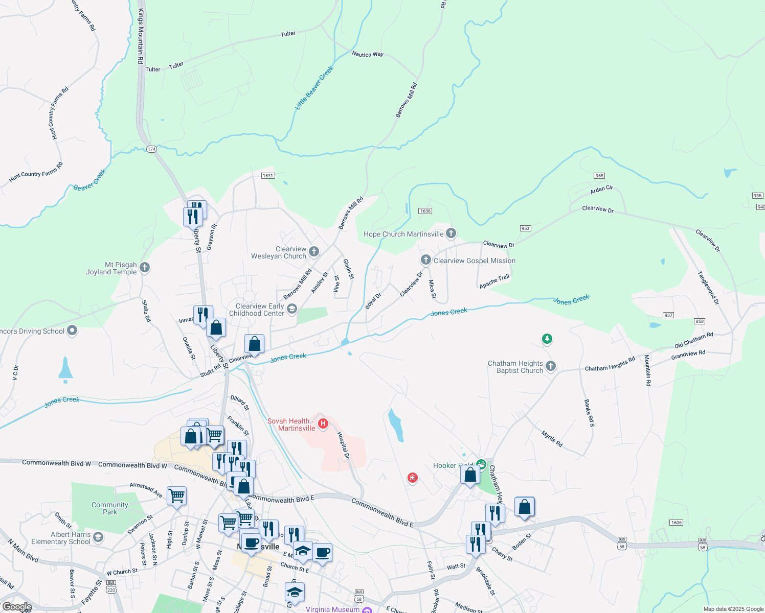 map of restaurants, bars, coffee shops, grocery stores, and more near 327-411 Clearview Dr in Martinsville