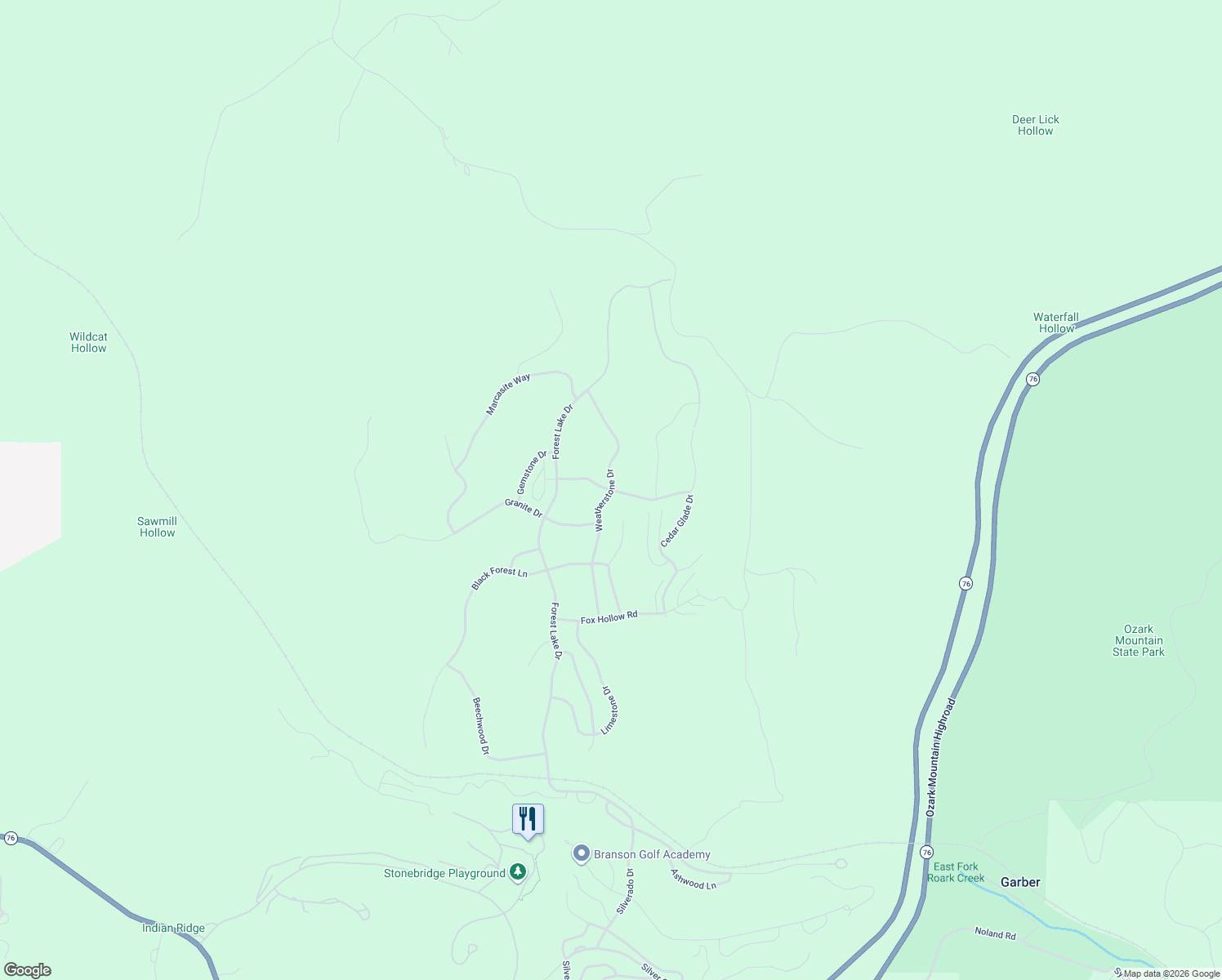 map of restaurants, bars, coffee shops, grocery stores, and more near 401 Weatherstone Drive in Reeds Spring