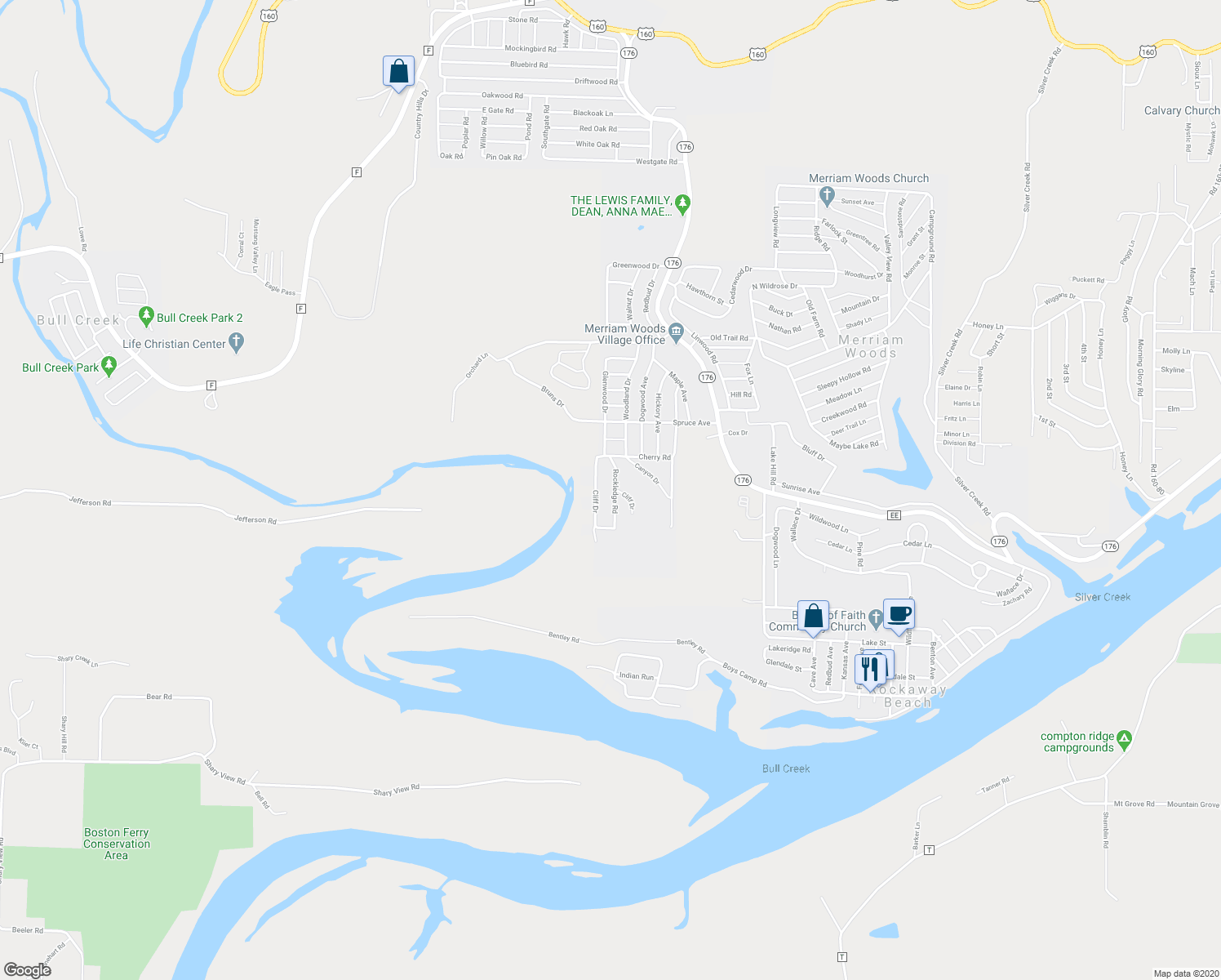 map of restaurants, bars, coffee shops, grocery stores, and more near 7030 Rockledge Road in Merriam Woods