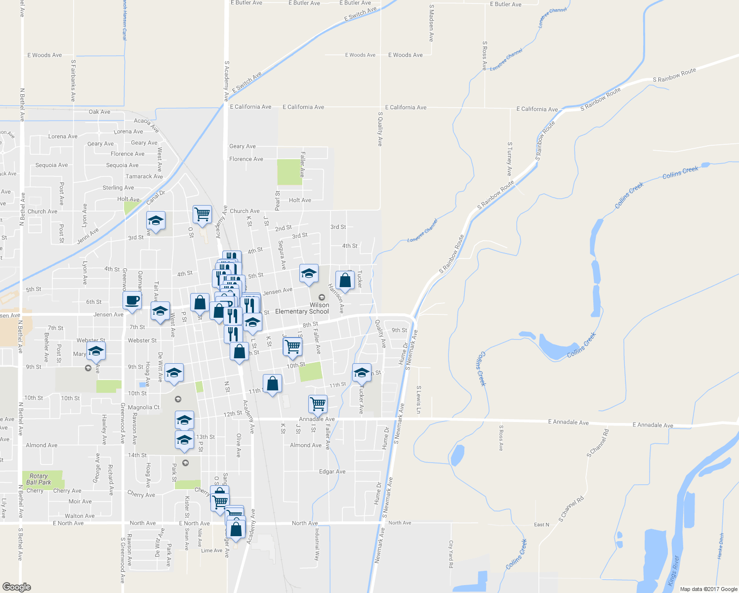 map of restaurants, bars, coffee shops, grocery stores, and more near 505 6th Street in Sanger