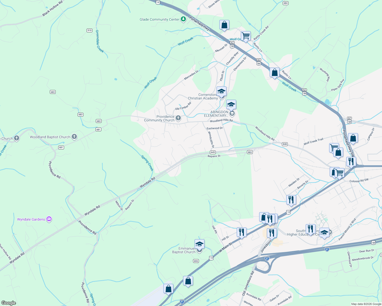 map of restaurants, bars, coffee shops, grocery stores, and more near 19275 Wyndale Road in Abingdon