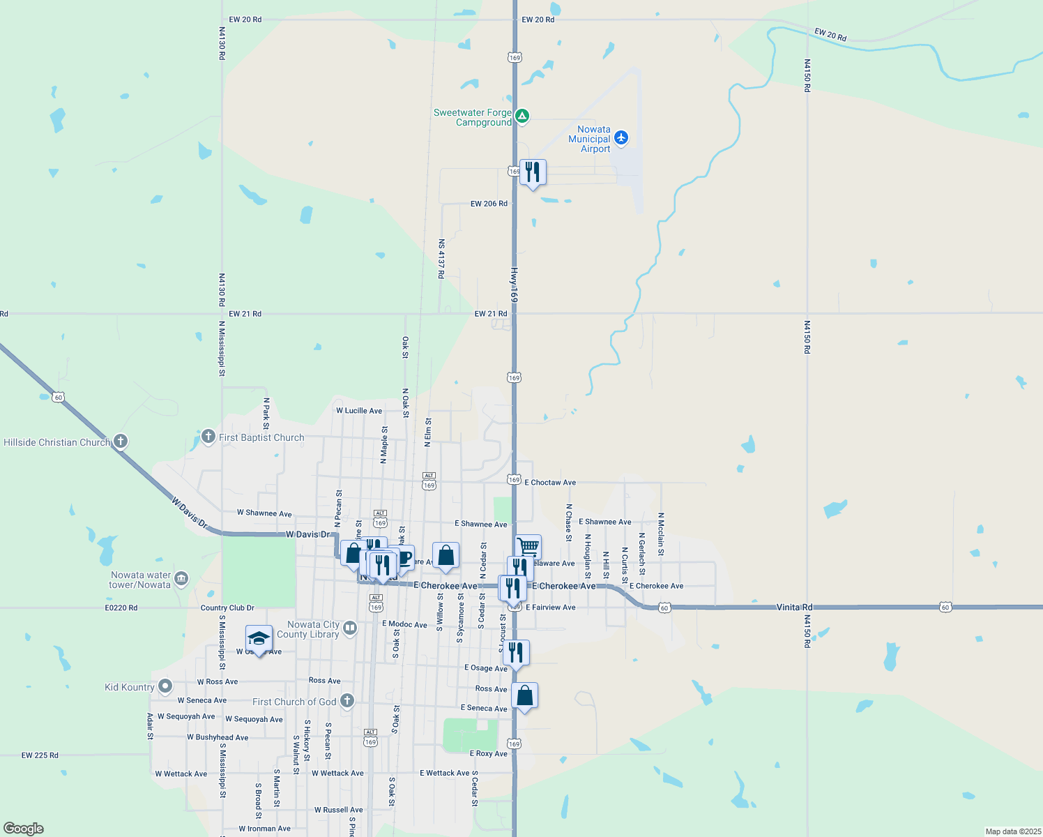 map of restaurants, bars, coffee shops, grocery stores, and more near 536 North Ash Street in Nowata