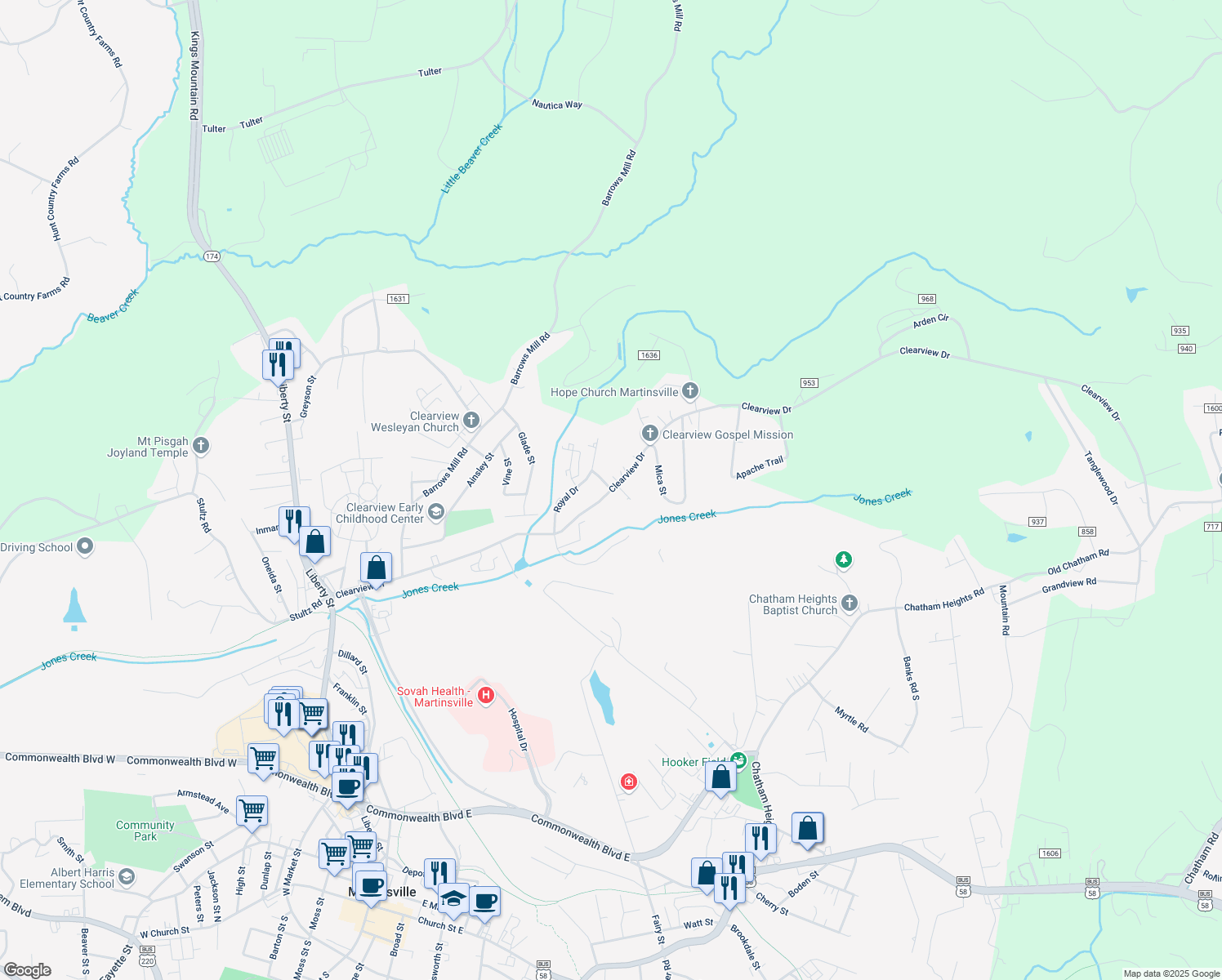 map of restaurants, bars, coffee shops, grocery stores, and more near 411 Clearview Dr in Martinsville