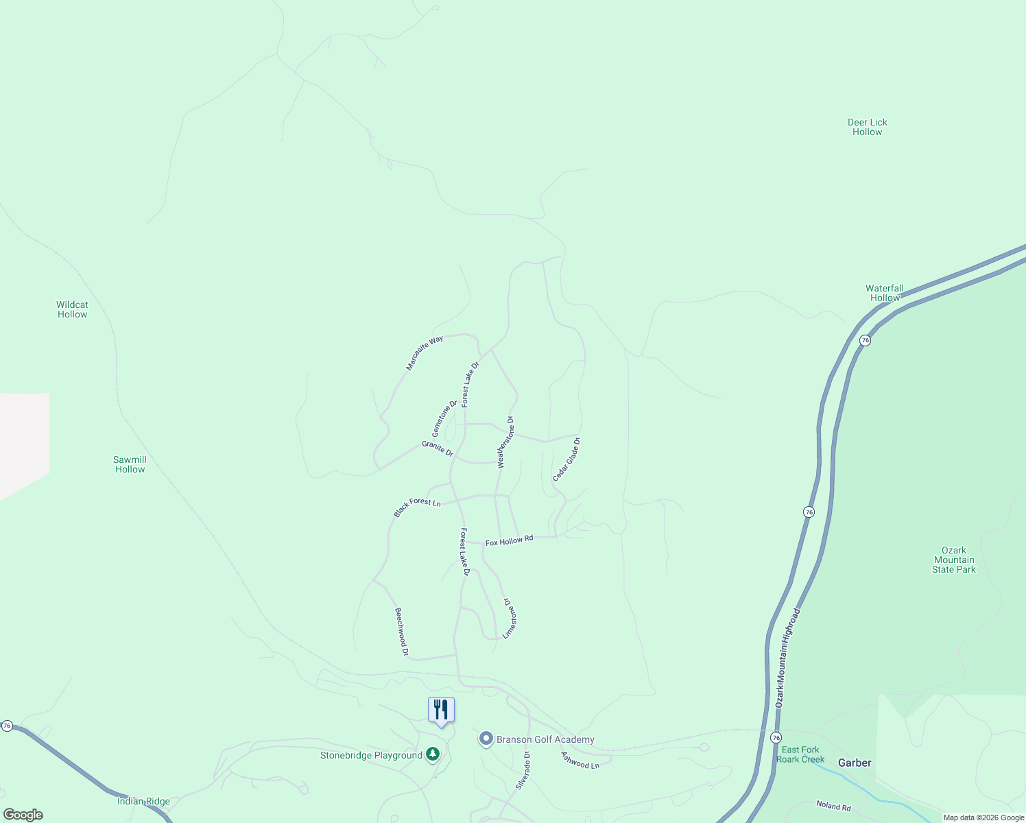 map of restaurants, bars, coffee shops, grocery stores, and more near 401-599 Weatherstone Dr in Reeds Spring