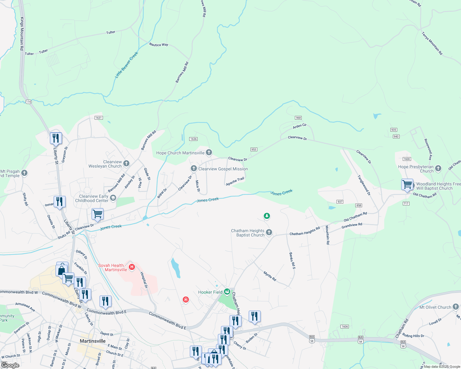 map of restaurants, bars, coffee shops, grocery stores, and more near 99-145 Navajo Trail in Martinsville