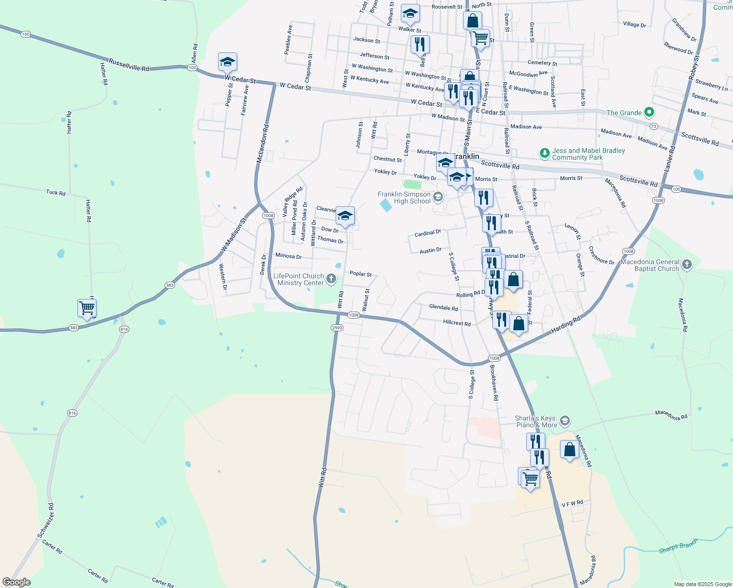 map of restaurants, bars, coffee shops, grocery stores, and more near 805 Walnut Street in Franklin