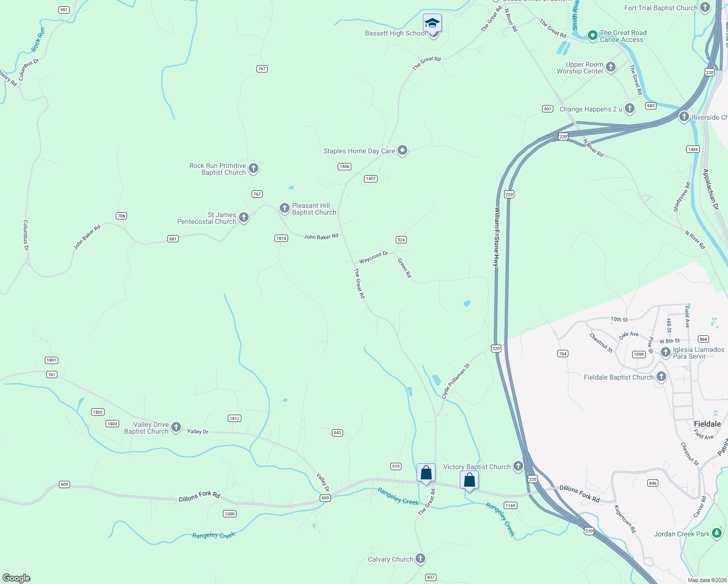 map of restaurants, bars, coffee shops, grocery stores, and more near The Great Road in Fieldale