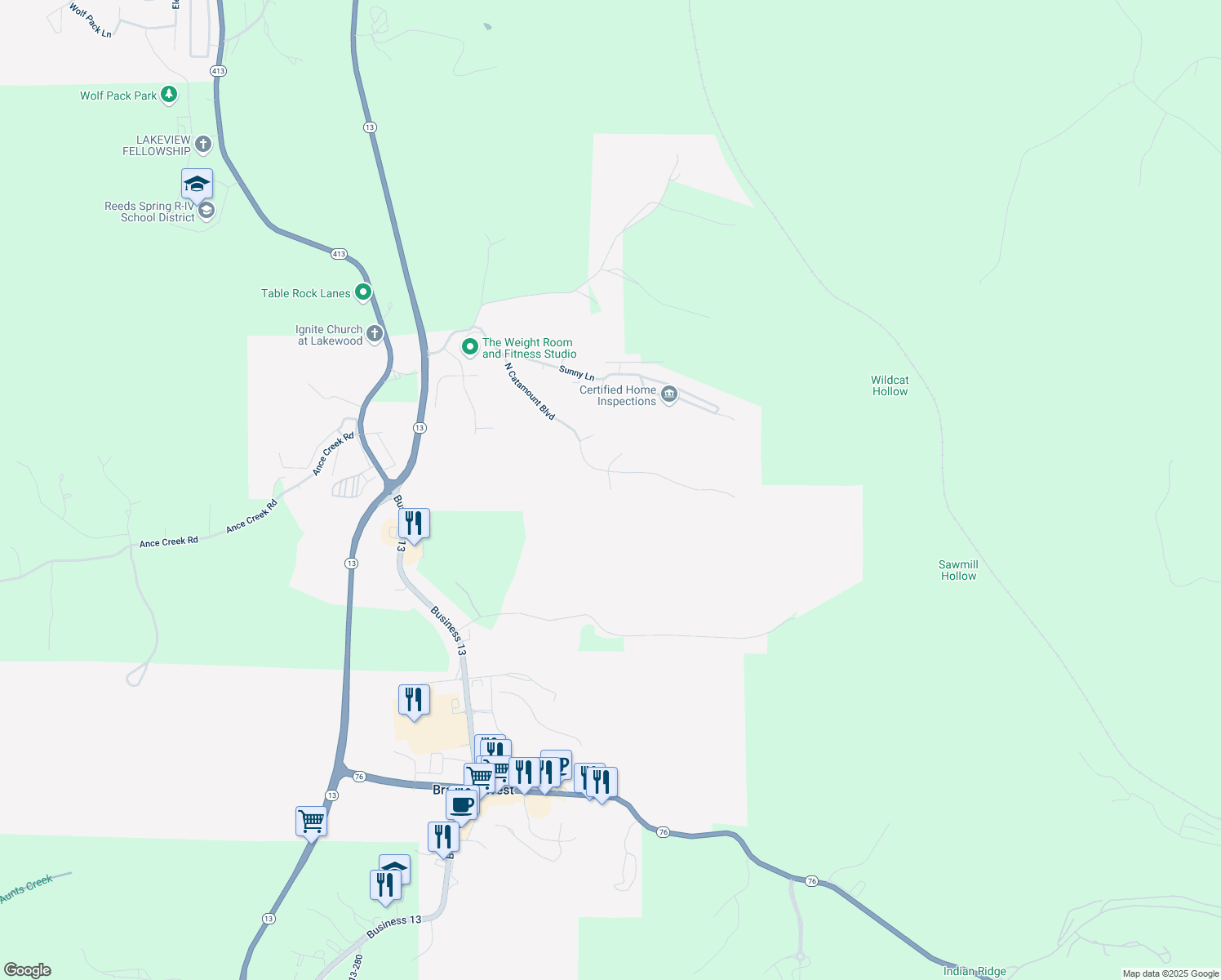 map of restaurants, bars, coffee shops, grocery stores, and more near 301 Dogwood Lane in Branson West