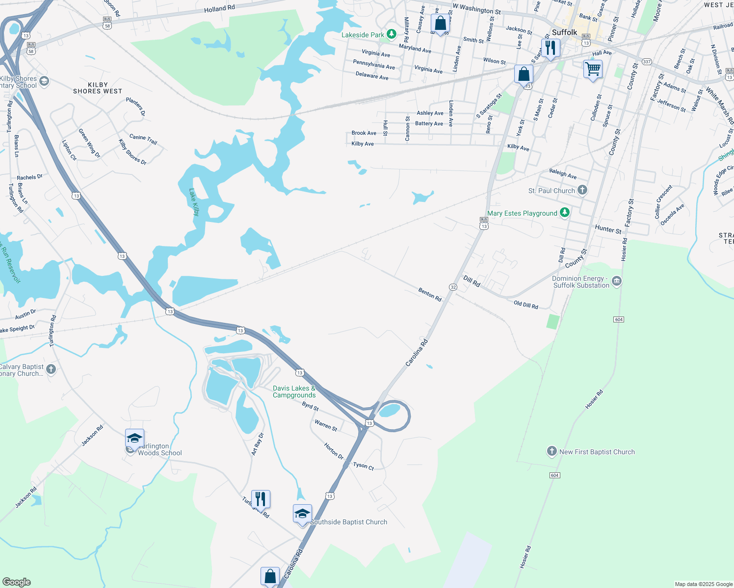 map of restaurants, bars, coffee shops, grocery stores, and more near 205 Benton Road in Suffolk
