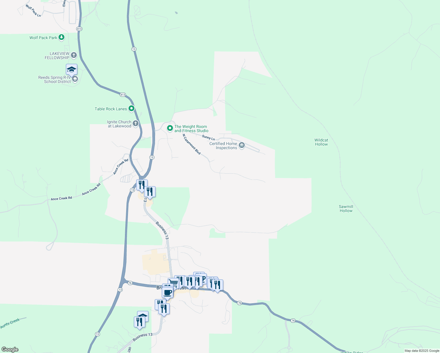map of restaurants, bars, coffee shops, grocery stores, and more near 301 Dogwood Lane in Branson West