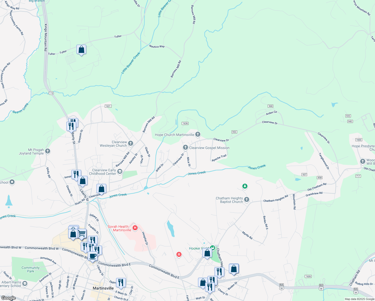 map of restaurants, bars, coffee shops, grocery stores, and more near 2-198 Clearfield Rd in Martinsville