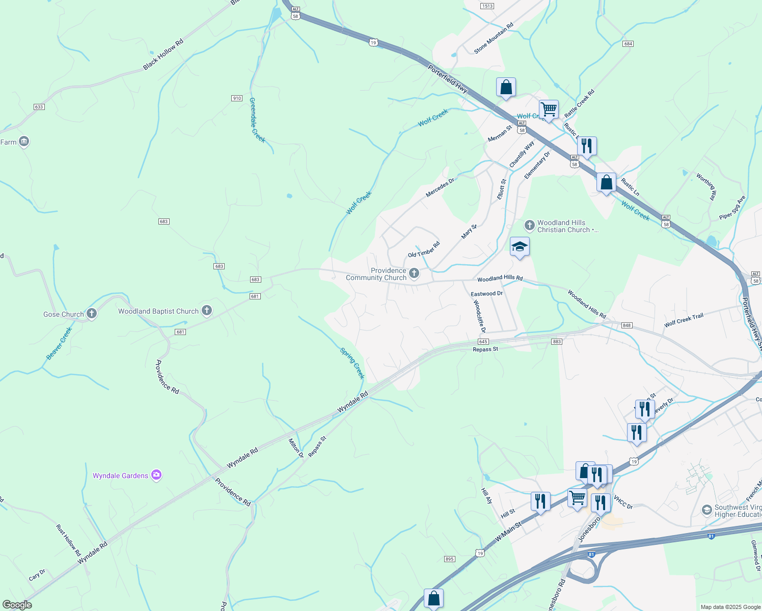 map of restaurants, bars, coffee shops, grocery stores, and more near 16567 Granada Place in Abingdon
