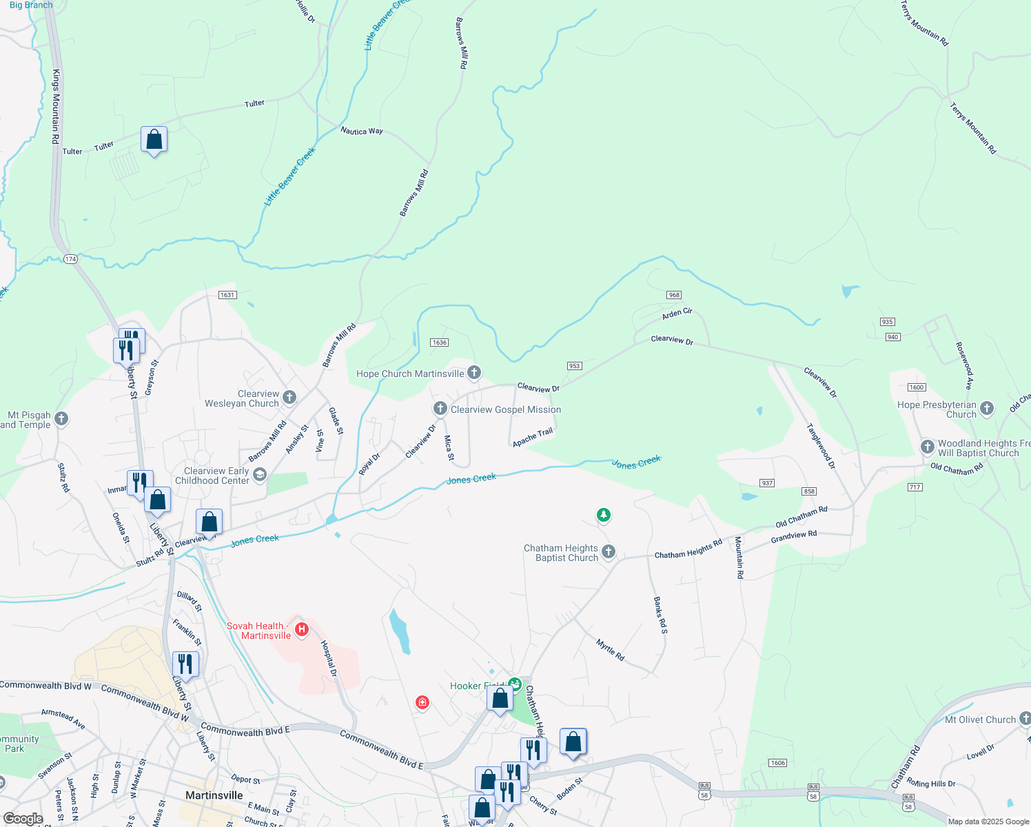 map of restaurants, bars, coffee shops, grocery stores, and more near 99 Navajo Trail in Martinsville