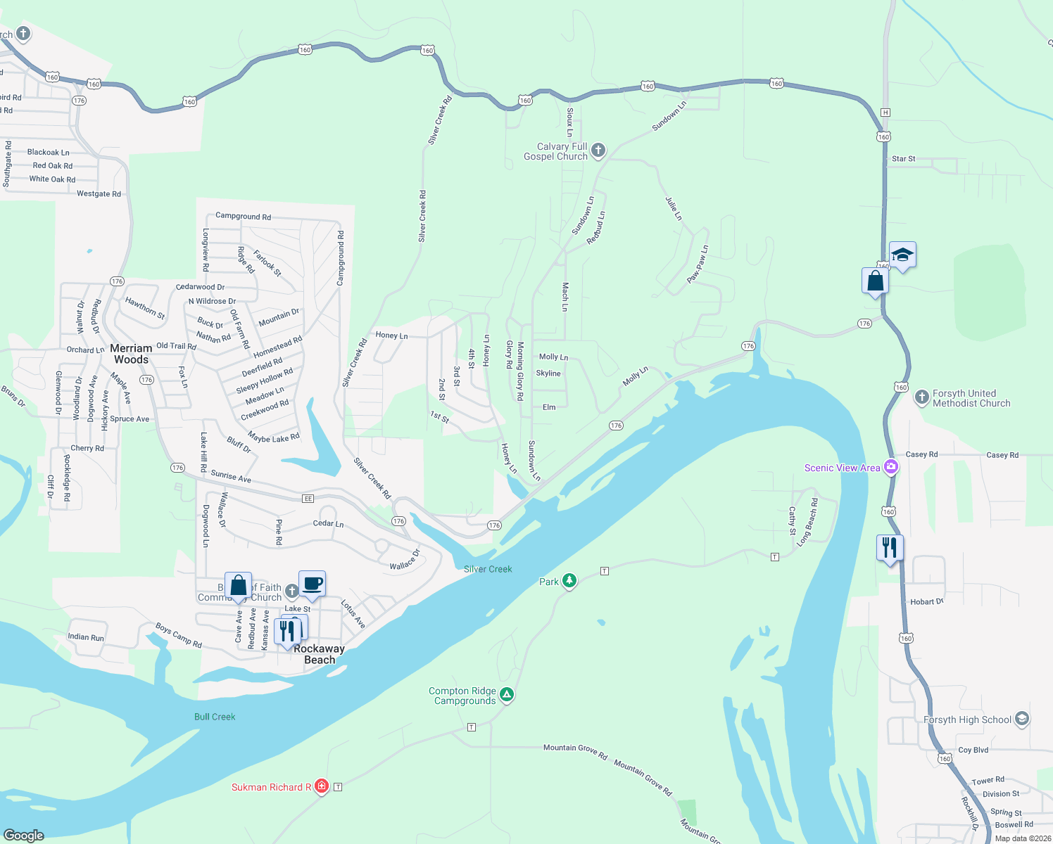 map of restaurants, bars, coffee shops, grocery stores, and more near 337 Road 160-80 in Forsyth
