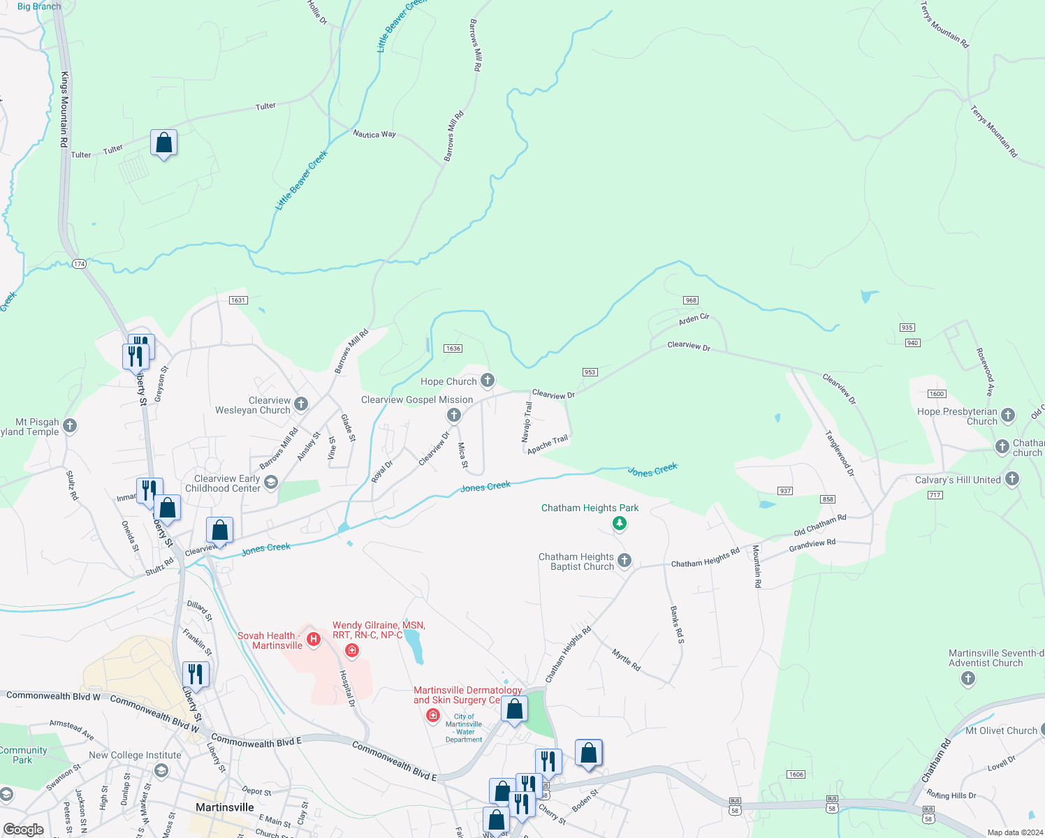 map of restaurants, bars, coffee shops, grocery stores, and more near 94 Navajo Trail in Martinsville