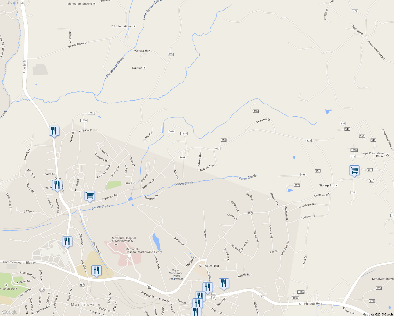 map of restaurants, bars, coffee shops, grocery stores, and more near 94 Navajo Trail in Martinsville