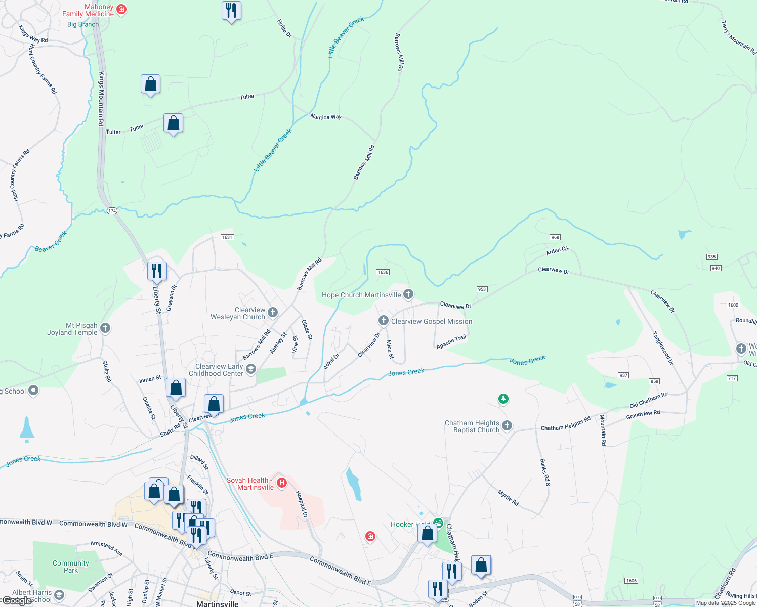 map of restaurants, bars, coffee shops, grocery stores, and more near Wellington Road in Martinsville
