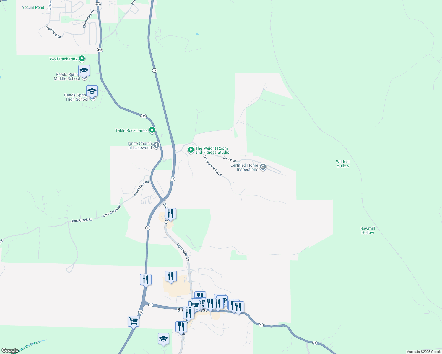 map of restaurants, bars, coffee shops, grocery stores, and more near 215 North Catamount Boulevard in Branson West