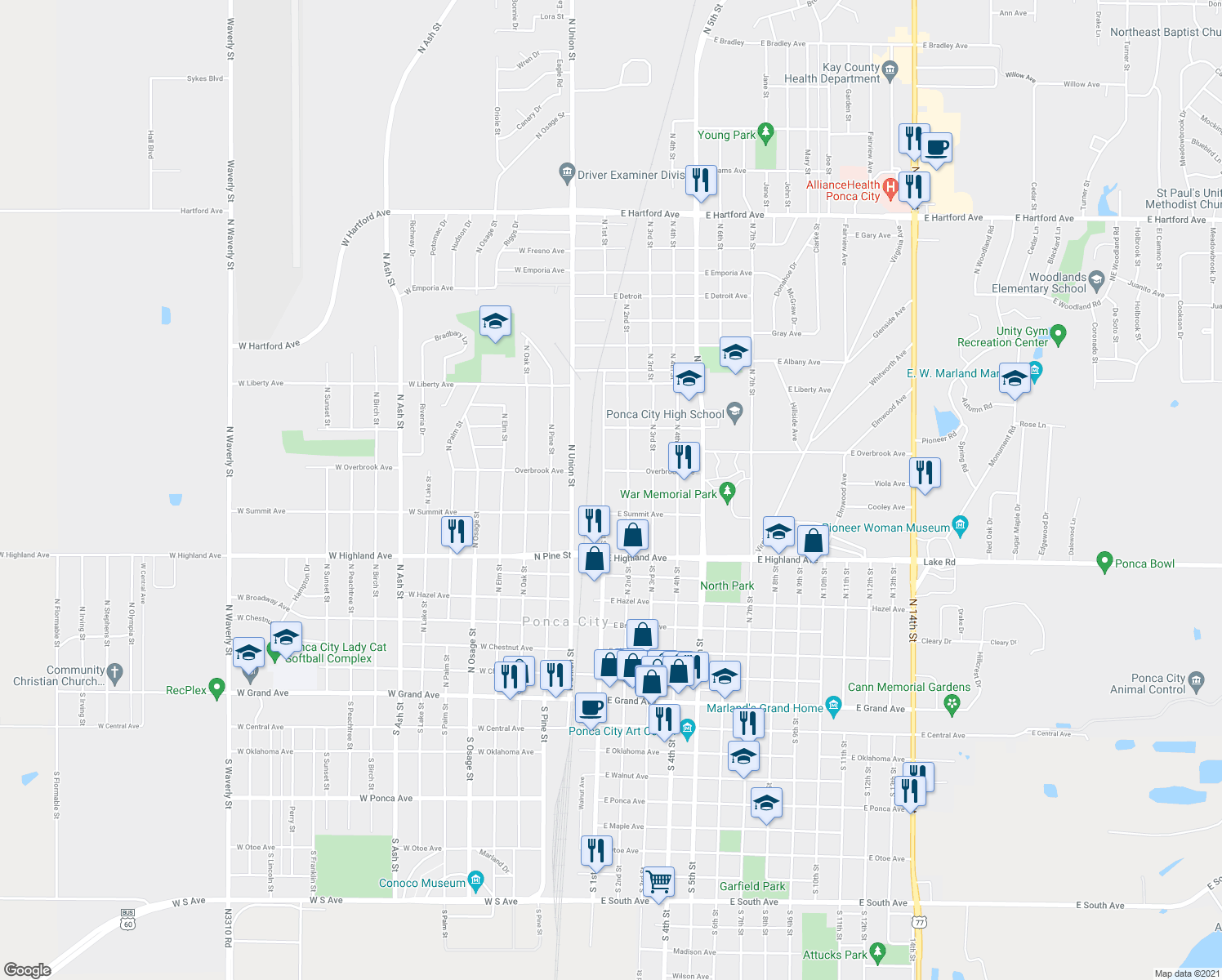 map of restaurants, bars, coffee shops, grocery stores, and more near 821 N 1st St in Ponca City