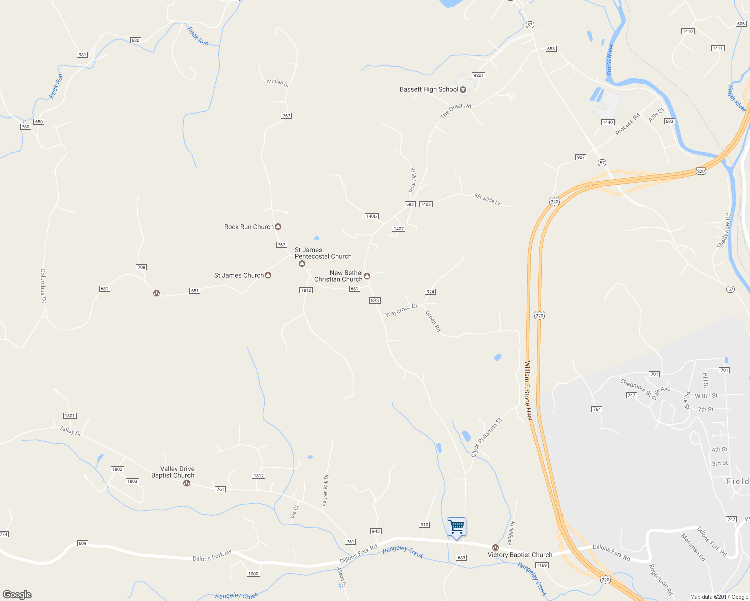 map of restaurants, bars, coffee shops, grocery stores, and more near The Great Road in Fieldale