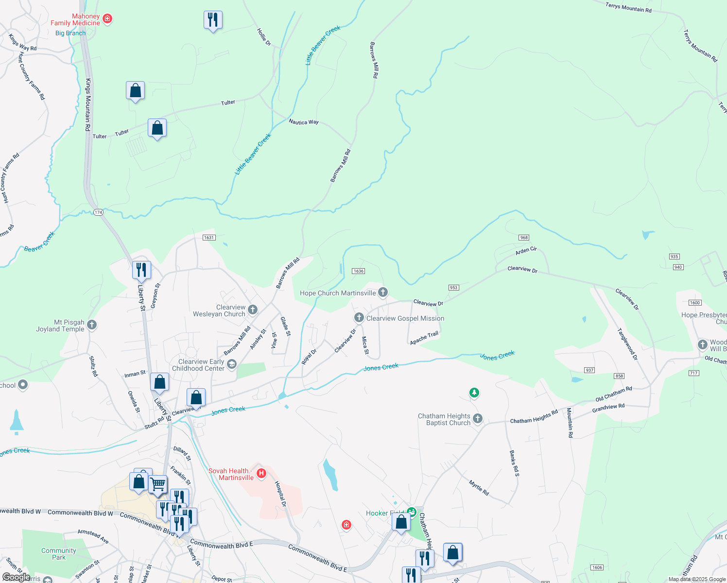 map of restaurants, bars, coffee shops, grocery stores, and more near Wellington Road in Martinsville