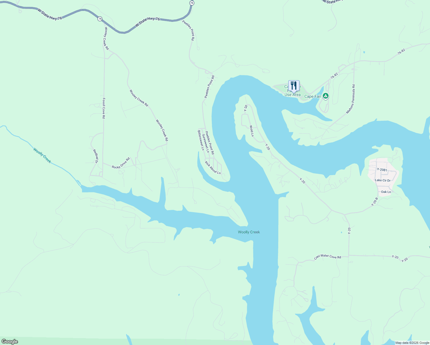 map of restaurants, bars, coffee shops, grocery stores, and more near 214 Kick About Lane in Cape Fair