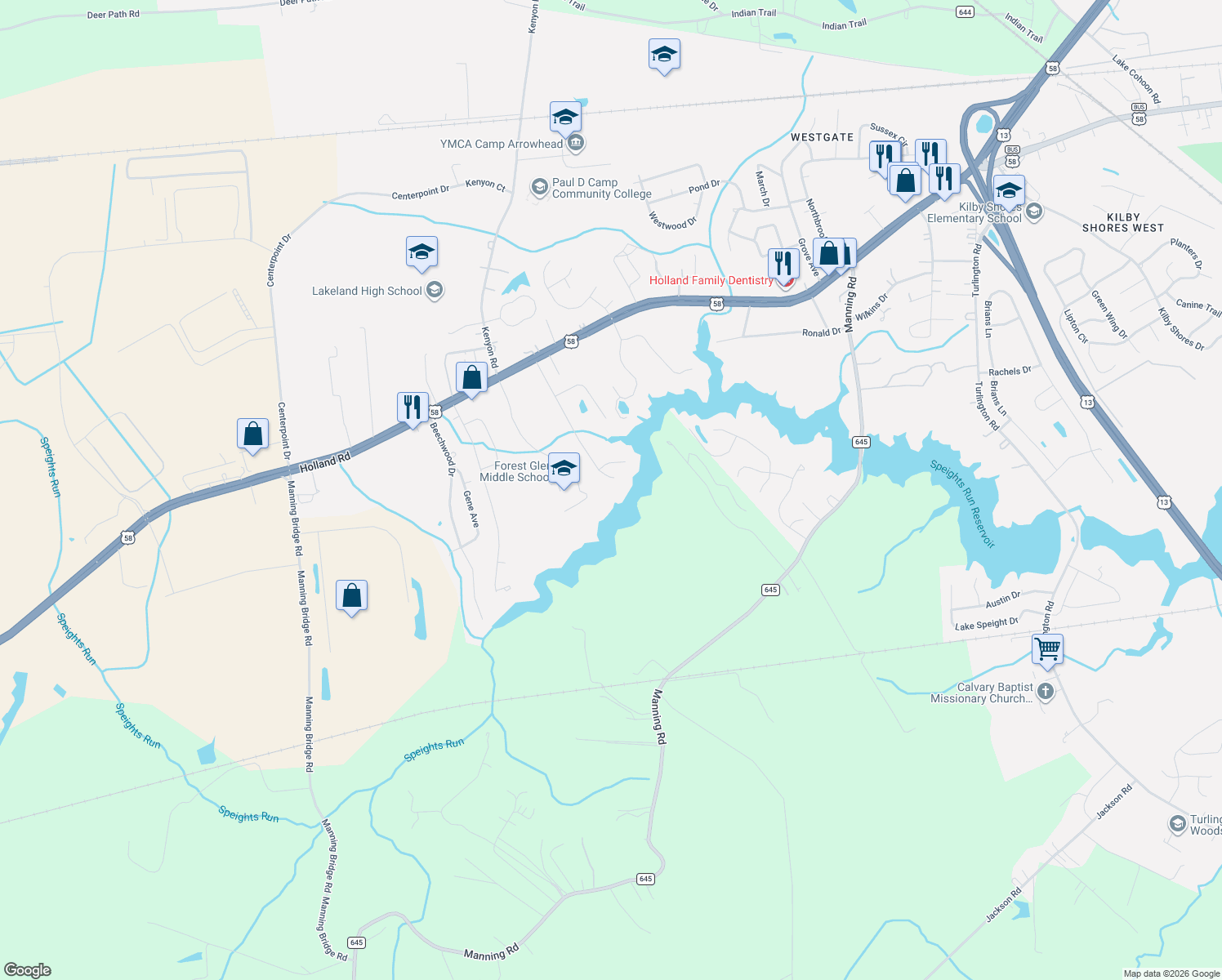 map of restaurants, bars, coffee shops, grocery stores, and more near 1029 English Oak Dr in Suffolk