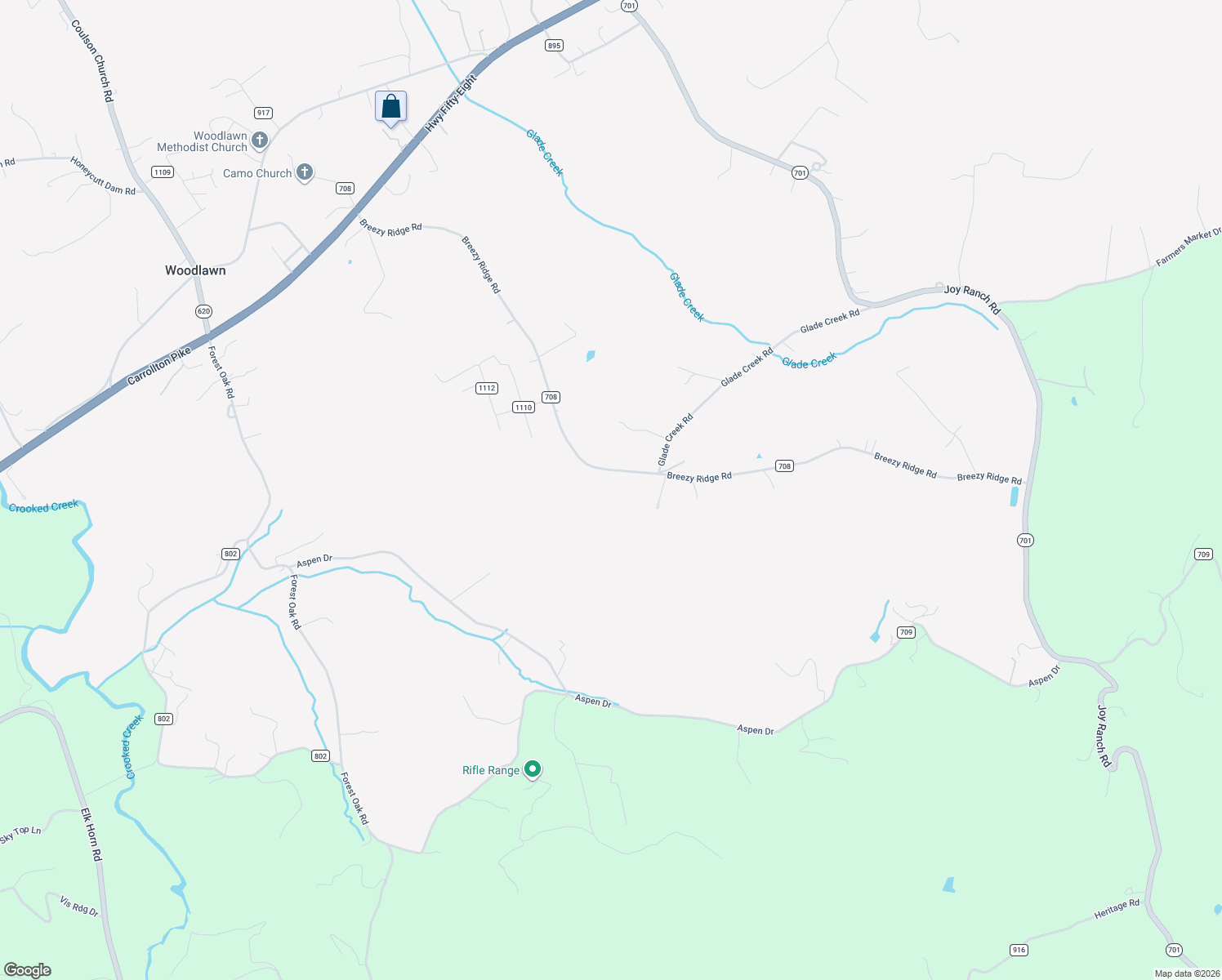 map of restaurants, bars, coffee shops, grocery stores, and more near 345 Breezy Ridge Road in Woodlawn
