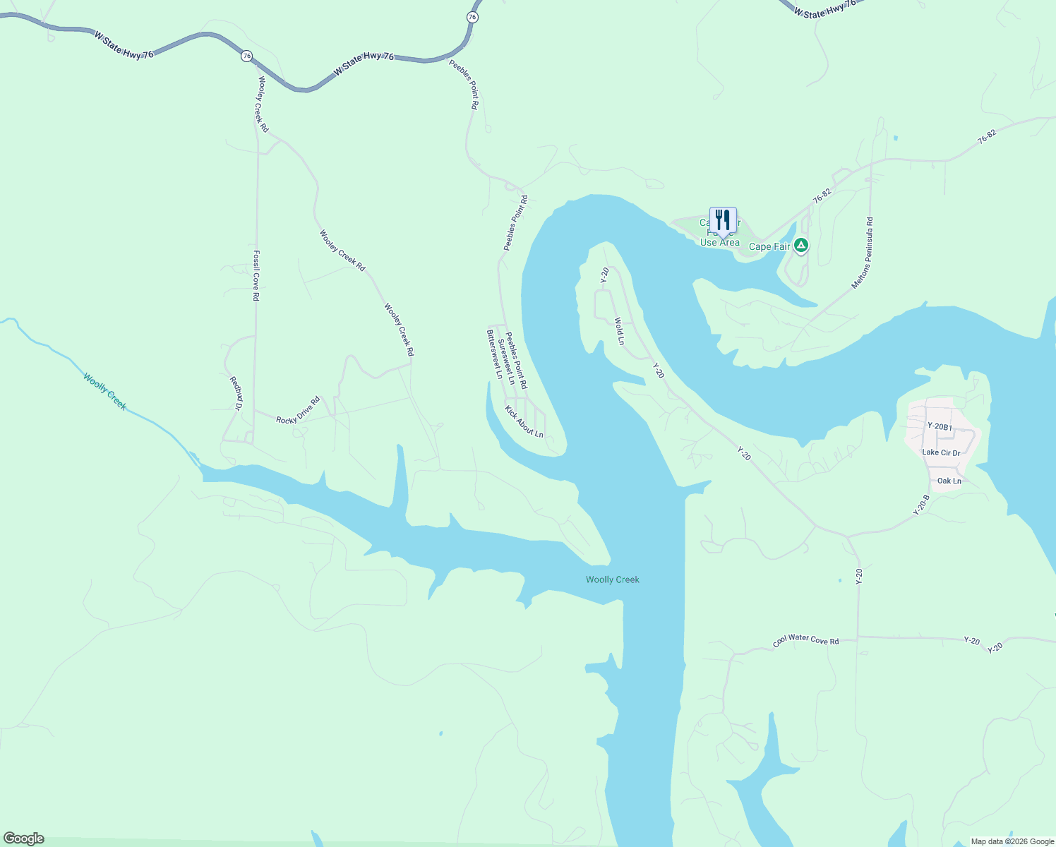 map of restaurants, bars, coffee shops, grocery stores, and more near 214 Kick About Road in Cape Fair