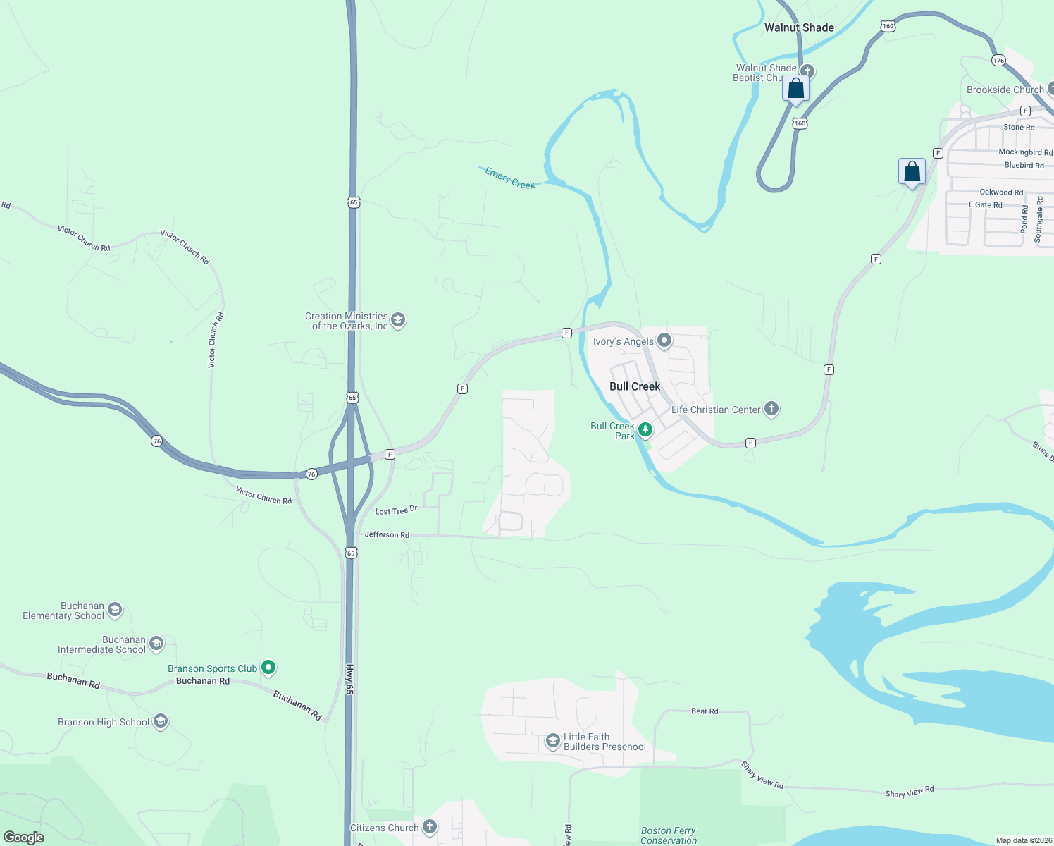 map of restaurants, bars, coffee shops, grocery stores, and more near 157 Grist Mill Rd in Branson