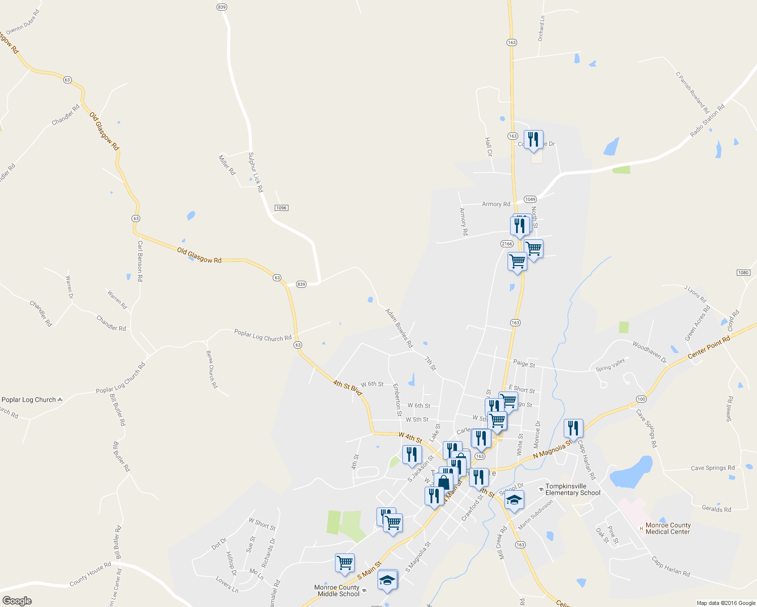 map of restaurants, bars, coffee shops, grocery stores, and more near Adam Bowles Road in Tompkinsville